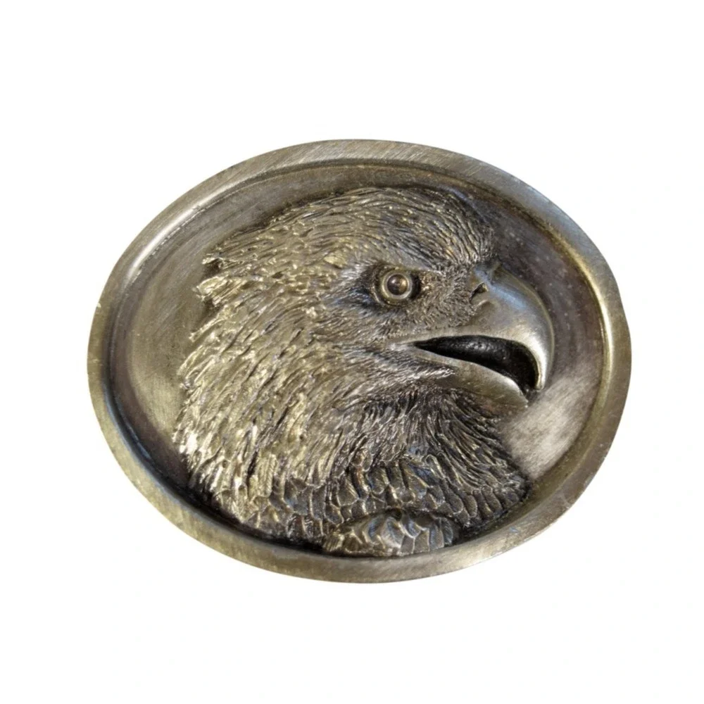 Vintage 1984 Bergamot Brass Works Eagle Head Oval Silver Tone Belt Buckle USA